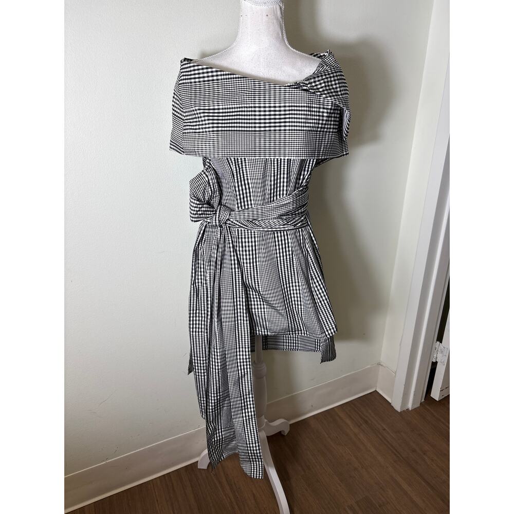 Black & White Plaid Off-Shoulder Wrap Top
